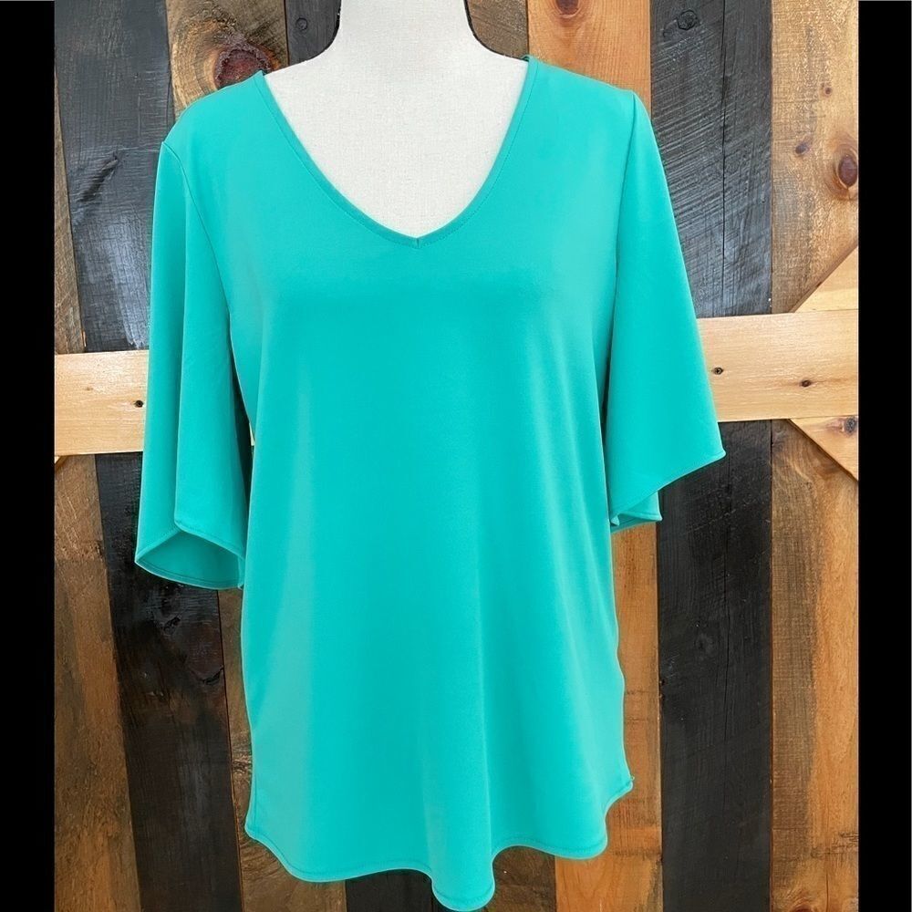 Premise v neck top w/ elbow length flutter sleeves